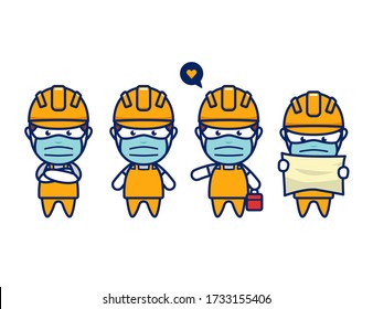 construction worker with face mask protection from virus in cute chibi style
