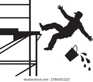   Construction Worker Falling from High Scaffolding Ladder Silhouette. Site Building Accident, Occupational Safety Hazard and Injury Vector Icon

