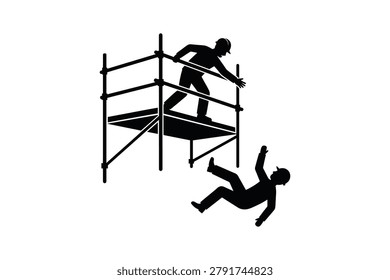 Construction Worker Falling from Scaffold Silhouette Art - Construction Site Accident Fall from Height Safety Black and White Artwork