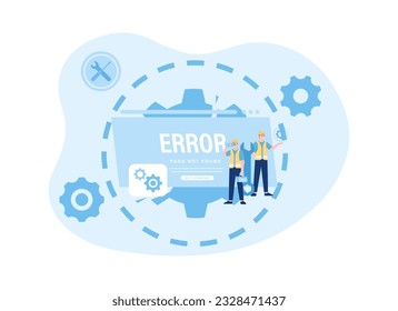 Construction worker fixes error page not found trending concept flat illustration