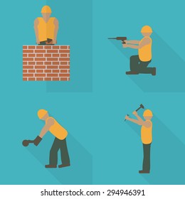 Construction worker flat icon. Design template vector illustration. Mason with trowel. Laborer with hammer. Builder with angle grinder.