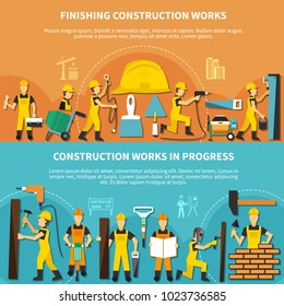 Construction worker flyer set with workers on work and finishing construction works and works in progress descriptions vector illustration