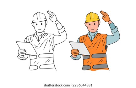 construction worker foreman character hand drawn cartoon illustration