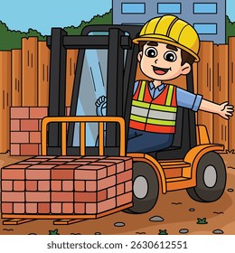 Trabalhador de Construção com Empilhadeira Desenho Animado Colorido 