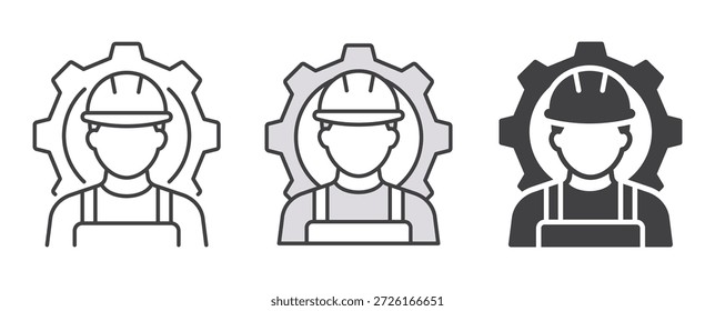 Construction worker and gear icon set. Representing technical service, professional maintenance, industrial workforce, and repair operations. Outline and filled icons collection.
