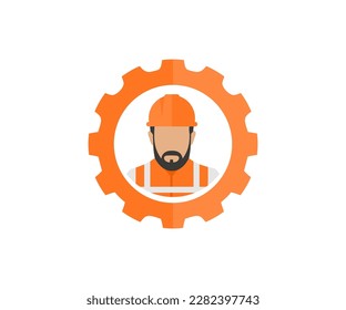 Construction worker and gear logo design. Safety and protection, engineer. Workwear, helmet construction and cogwheel vector design and illustration.
