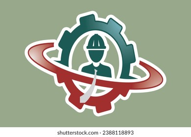 Construction worker in gear sticker vector design. Gear with engineer icon vector logo. Industrial theme worker man in wheel sticker design logo icon.