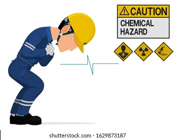 An construction worker is gesturing  about chemical hazard
