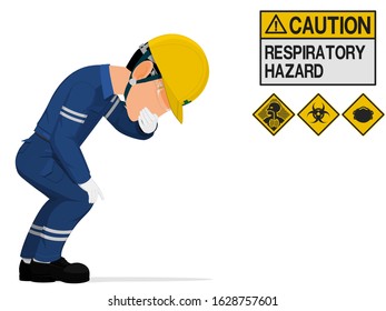 An construction worker is gesturing  about respiratory hazard
