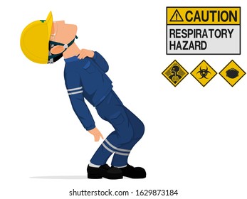 An construction worker is gesturing  about respiratory hazard
