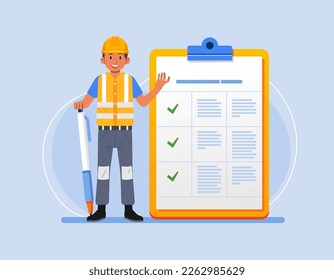 Construction worker with giant pencil near marked checklist on clipboard Successful completion of tasks Flat vector illustration