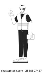 Construction worker giving thumb up with clipboard black and white 2D line character. Caucasian man wearing safety vest and hardhat isolated vector outline person. Monochromatic spot illustration