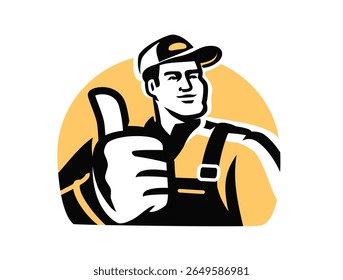 Trabalhador da construção civil dando polegares. Construtor, engenheiro mecânico, emblema técnico. Construção de símbolos
