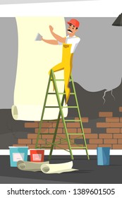 Construction worker gluing wallpaper flat character. Vector illustration. Wall decoration process. Cartoon handyman in yellow romper and cap uniform. Indoor design. Room repair, renovation
