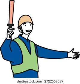 Trabajador de la construcción que guía el tráfico con una ilustración de la señal del bastón y de la mano