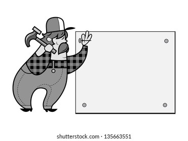 Construction worker with a hammer cartoon character isolated on white