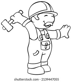 Construction Worker With A Hammer. Element For Coloring Page. Cartoon Style.