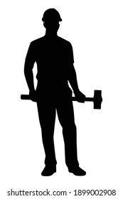 Construction worker with hammer silhouette vector on white background