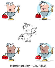 Construction Worker With Hammer And Tool Box. Vector Collection