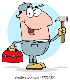 Construction Worker With Hammer And Tool Box