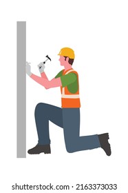 Construction worker hammering nail into wall. Simple flat illustration.