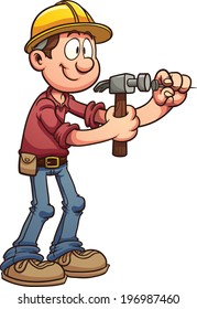 Construction worker hammering a nail. Vector clip art illustration with simple gradients. All in a single layer.