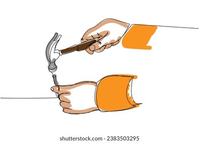 Construction worker hammering nails one line art. Continuous line color drawing of repair, professional, hand, people, concept, support, maintenance.
