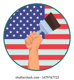 Construction worker hand holding paint brush tool over united states flag round emblem ,vector illustration graphic design.