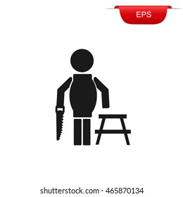 construction worker with hand saw, icon, vector illustration 
