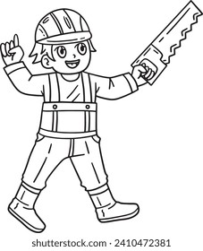 Construction Worker with Hand Saw Isolated 