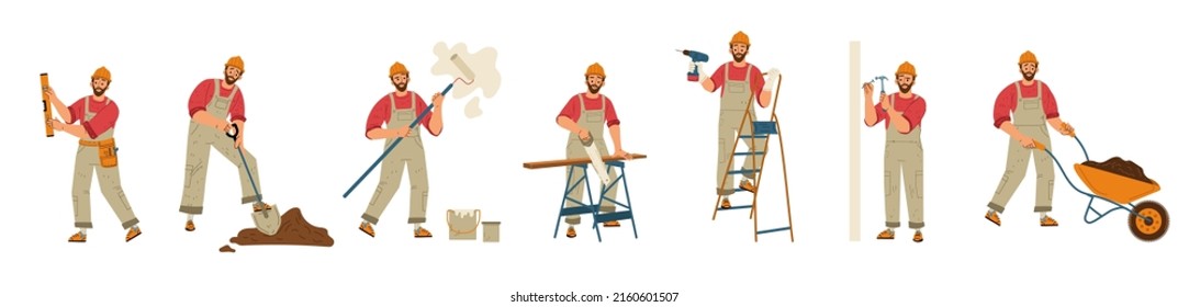 Construction worker, handyman in helmet work with shovel, wheelbarrow, paint roller and level tool. Vector flat illustration of builder character, repairman with hammer and drill