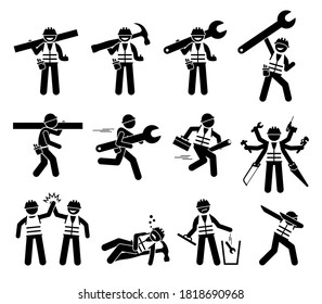 Construction worker and handyman stick figures icons set. Vector illustrations of industrial worker characters with tools and equipment for build, repair, and fix.