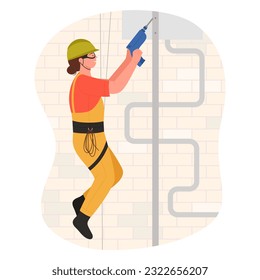 Construction worker hanging on rope with drill vector illustration. Cartoon isolated scene of building work at height, woman industrial climber in safety belt and helmet working with equipment