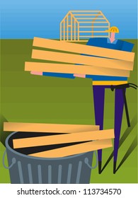 Construction worker with hard had loads lumber into trash can with framed house in background