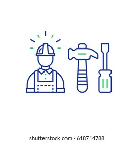 Construction worker in hard hat and jumpsuit, builder in uniform, contractor man, manual labor, hammer and screwdriver vector mono line icons