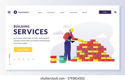 Construction worker in hard hat lays house brick wall. House construction and building services banner design template. Vector flat cartoon builder character illustration