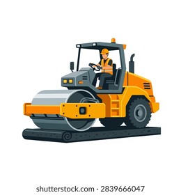 A construction worker in a hard hat operates a yellow steamroller, compacting the ground.