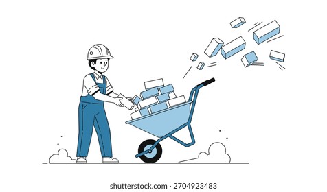 Un trabajador de la construcción con casco y mono está cargando ladrillos en una carretilla en un sitio de construcción en esta ilustración.