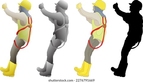 Construction worker with hard hat and safety harness climb upward, isolated against white. Hand drawn vector illustration.