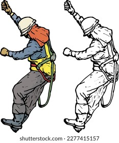 Construction worker with hard hat and safety harness climb downward, isolated against white. Hand drawn vector illustration.