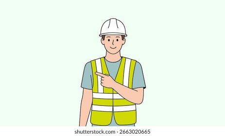 Construction worker in hard hat and safety vest pointing to the side