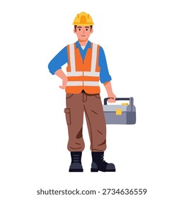 A construction worker in a hard hat and safety vest holding a toolbox stands confidently in a workplace environment