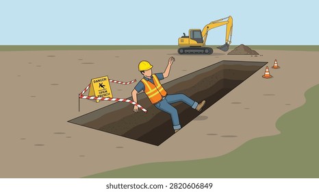 A construction worker in a hard hat and safety vest falls into an unprotected trench at a construction site with an excavator in the background.