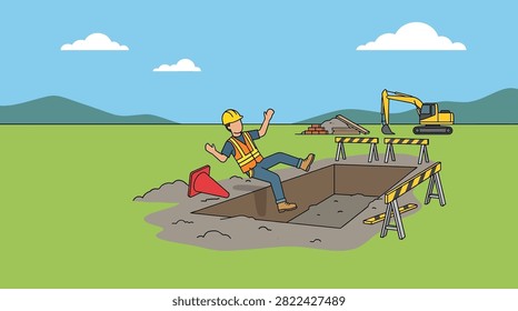 A construction worker in a hard hat and safety vest is falling into an open trench at a construction site, with safety barriers and an excavator in the background.