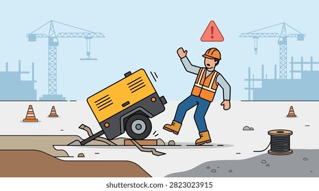 A construction worker in a hard hat and safety vest trips over debris next to a generator on a building site, with cranes in the background.