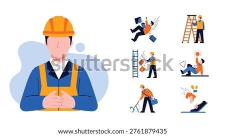 Construction worker in a hard hat and safety vest surrounded by icons depicting common workplace accidents and proper safety procedures.