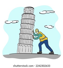 construction worker with hard hat trying to push the leaning pisa tower illustration vector hand drawn isolated on white background line art.