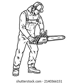 Construction worker in hardhat and overalls using chainsaw in monochrome vintage style, vector illustration