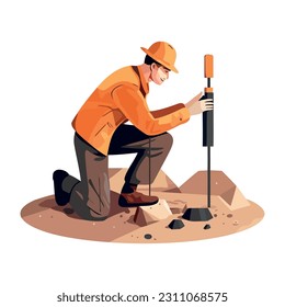 Construction worker in hardhat repairs equipment icon isolated