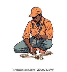 Construction worker in hardhat repairs fishing rope isolated